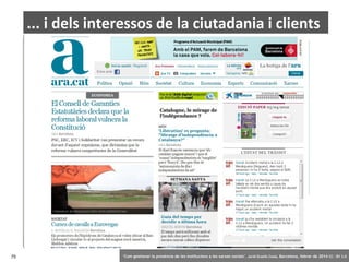 ... i dels interessos de la ciutadania i clients

75

‘Com gestionar la presència de les institucions a les xarxes socials’ . Jordi Graells Costa. Barcelona, febrer de 2014 CC – BY 3.0

 