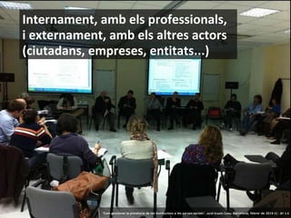Internament, amb els professionals,
i externament, amb els altres actors
(ciutadans, empreses, entitats...)

77

‘Com gestionar la presència de les institucions a les xarxes socials’ . Jordi Graells Costa. Barcelona, febrer de 2014 CC – BY 3.0

 