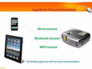 AppStore Recommendation

Wired access
Bluetooth access

WIFI access

On the Blue paper you will find more recommendation.

 