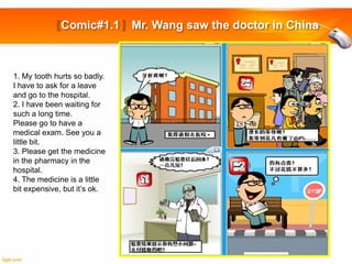 Comic#1.1

1. My tooth hurts so badly.
I have to ask for a leave
and go to the hospital.
2. I have been waiting for
such a long time.
Please go to have a
medical exam. See you a
little bit.
3. Please get the medicine
in the pharmacy in the
hospital.
4. The medicine is a little
bit expensive, but it’s ok.

Mr. Wang saw the doctor in China

 