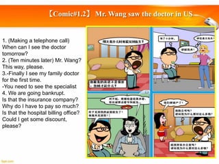 【Comic#1.2】 Mr. Wang saw the doctor in US

1. (Making a telephone call)
When can I see the doctor
tomorrow?
2. (Ten minutes later) Mr. Wang?
This way, please.
3.-Finally I see my family doctor
for the first time.
-You need to see the specialist
4. We are going bankrupt.
Is that the insurance company?
Why do I have to pay so much?
Is that the hospital billing office?
Could I get some discount,
please?

 
