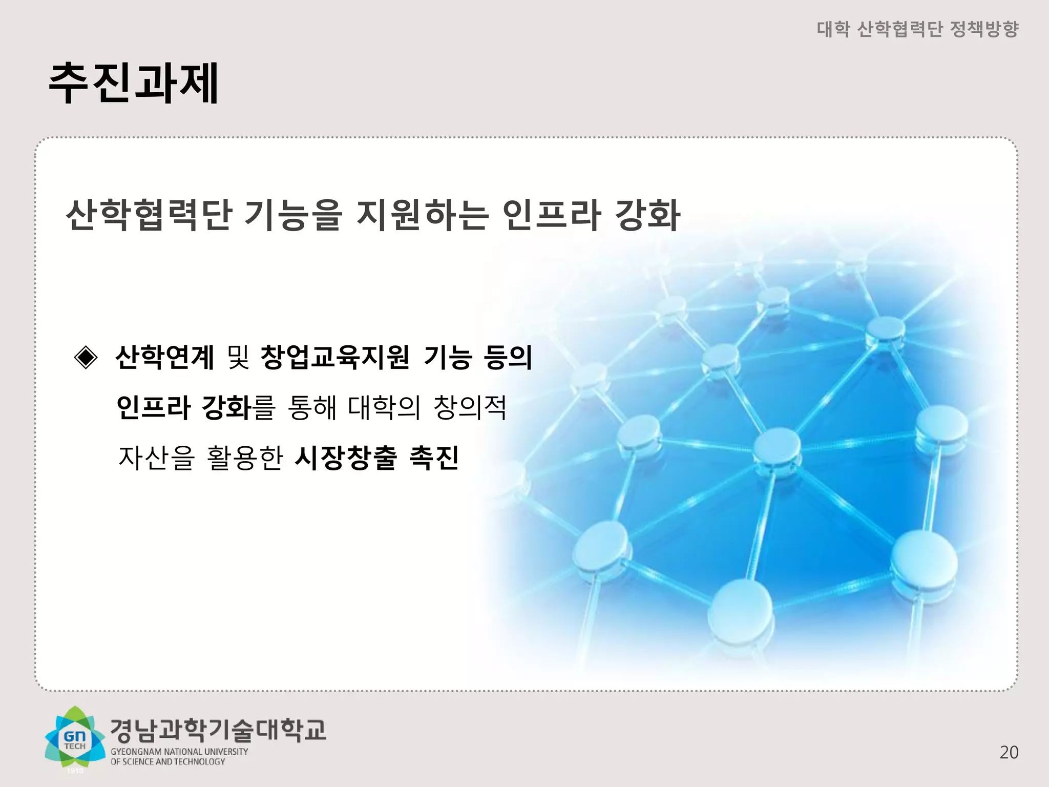 대학 산학협력단 정책방향

추진과제
산학협력단 기능을 지원하는 인프라 강화

◈ 산학연계 및 창업교육지원 기능 등의
인프라 강화를 통해 대학의 창의적
자산을 활용한 시장창출 촉진

20

 