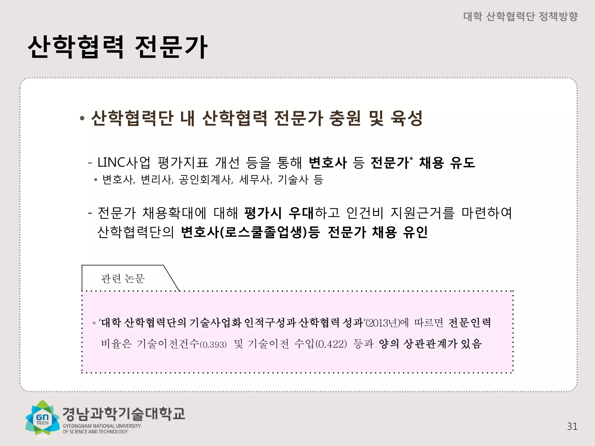 대학 산학협력단 정책방향

산학협력 전문가
• 산학협력단 내 산학협력 전문가 충원 및 육성
- LINC사업 평가지표 개선 등을 통해 변호사 등 전문가* 채용 유도
• 변호사, 변리사, 공인회계사, 세무사, 기술사 등

- 전문가 채용확대에 대해 평가시 우대하고 인건비 지원근거를 마련하여
산학협력단의 변호사(로스쿨졸업생)등 전문가 채용 유인

관련 논문

◦ ‘대학 산학협력단의 기술사업화 인적구성과 산학협력 성과’(2013년)에 따르면 전문인력

비율은 기술이전건수(0.393) 및 기술이전 수입(0.422) 등과 양의 상관관계가 있음

31

 