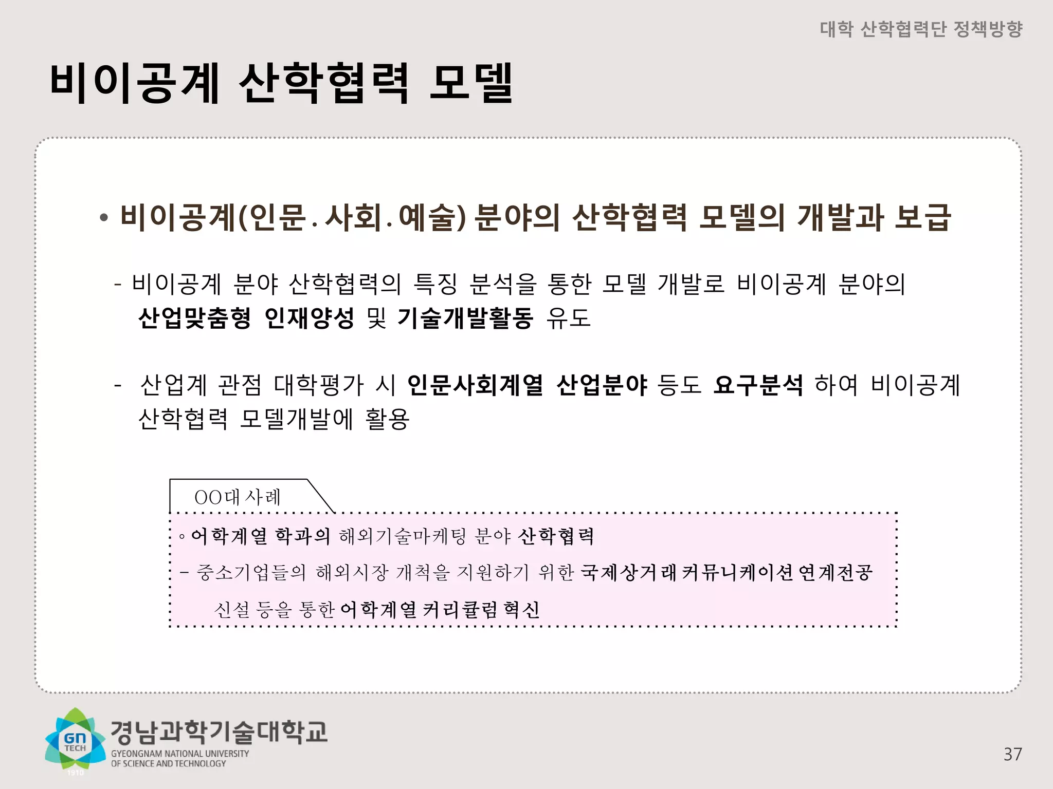대학 산학협력단 정책방향

비이공계 산학협력 모델
• 비이공계(인문․사회․예술) 분야의 산학협력 모델의 개발과 보급
- 비이공계 분야 산학협력의 특징 분석을 통한 모델 개발로 비이공계 분야의
산업맞춤형 인재양성 및 기술개발활동 유도
- 산업계 관점 대학평가 시 인문사회계열 산업분야 등도 요구분석 하여 비이공계
산학협력 모델개발에 활용
OO대 사례
◦ 어학계열 학과의 해외기술마케팅 분야 산학협력
- 중소기업들의 해외시장 개척을 지원하기 위한 국제상거래 커뮤니케이션 연계전공

신설 등을 통한 어학계열 커리큘럼 혁신

37

 
