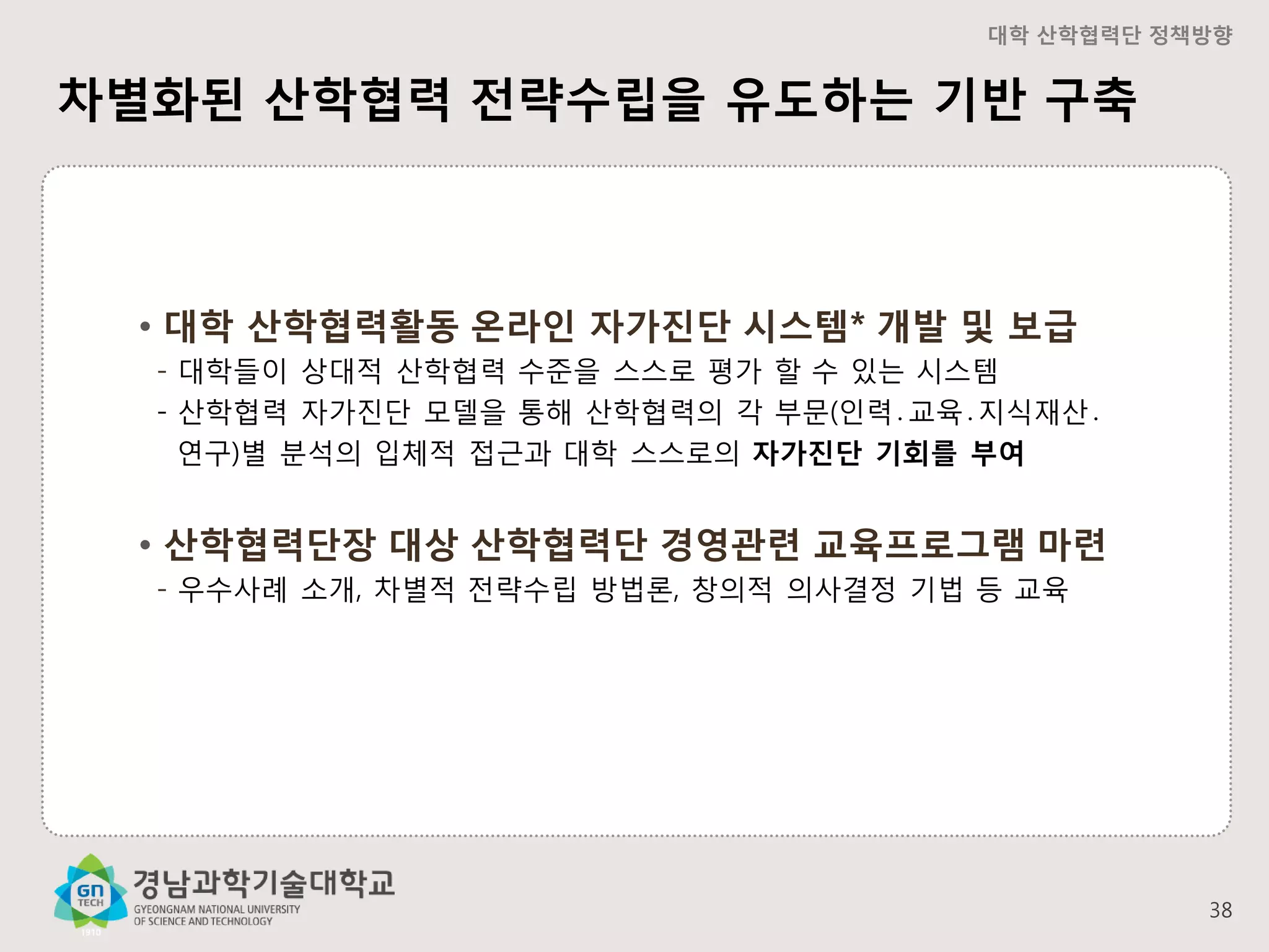 대학 산학협력단 정책방향

차별화된 산학협력 전략수립을 유도하는 기반 구축

• 대학 산학협력활동 온라인 자가진단 시스템* 개발 및 보급
- 대학들이 상대적 산학협력 수준을 스스로 평가 할 수 있는 시스템
- 산학협력 자가진단 모델을 통해 산학협력의 각 부문(인력․교육․지식재산․
연구)별 분석의 입체적 접근과 대학 스스로의 자가진단 기회를 부여

• 산학협력단장 대상 산학협력단 경영관련 교육프로그램 마련
- 우수사례 소개, 차별적 전략수립 방법론, 창의적 의사결정 기법 등 교육

38

 