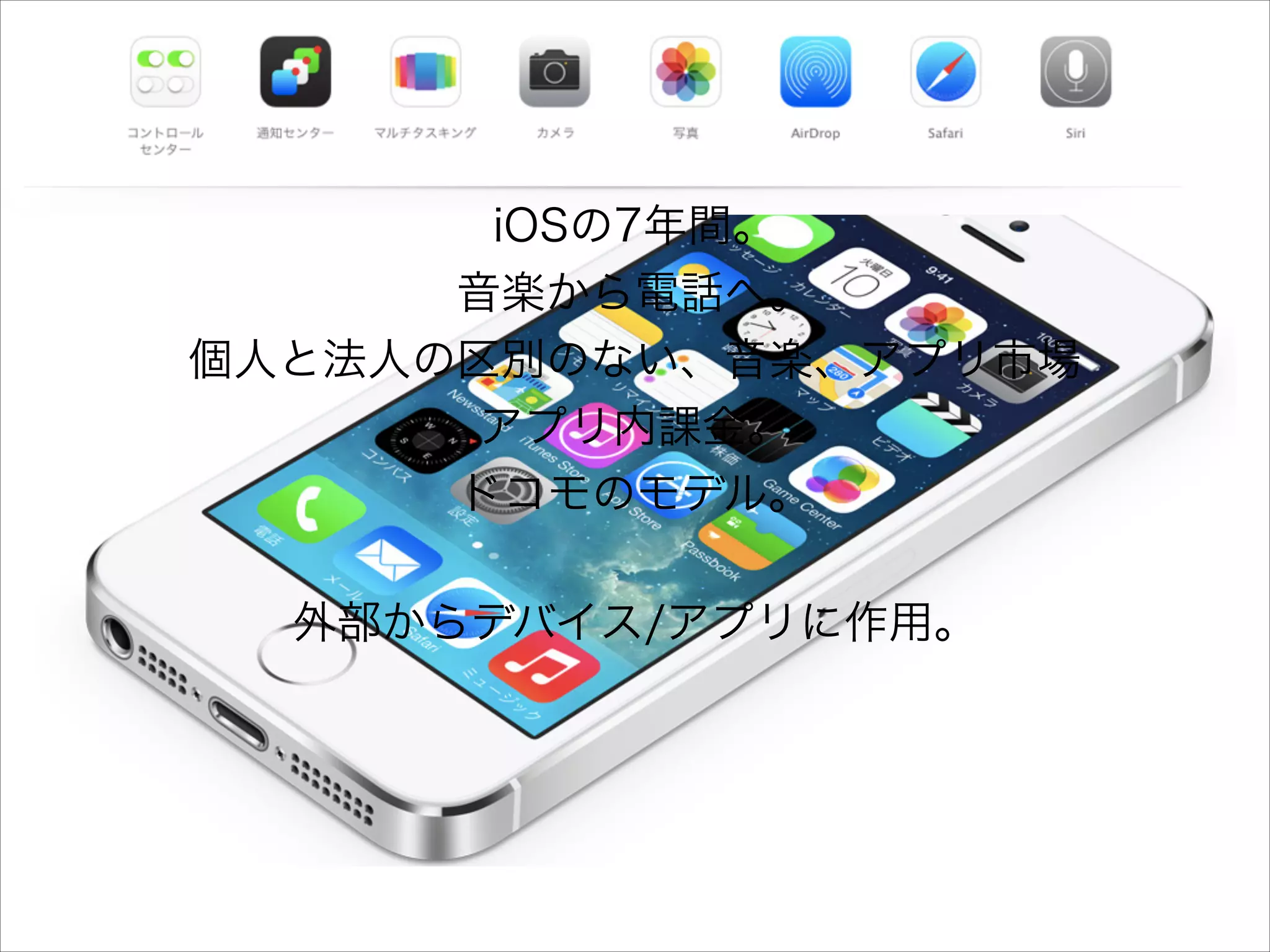 iOSの7年間。
音楽から電話へ。
個人と法人の区別のない、音楽、アプリ市場
アプリ内課金。
ドコモのモデル。
外部からデバイス/アプリに作用。

 