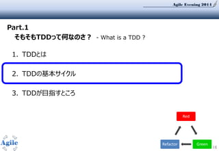 Agile Evening 2014
16
1. TDDとは
2. TDDの基本サイクル
3. TDDが目指すところ
Part.1
そもそもTDDって何なのさ？ - What is a TDD ?
Red
GreenRefactor
 