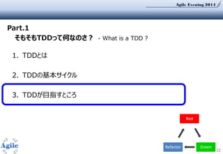 Agile Evening 2014
22
1. TDDとは
2. TDDの基本サイクル
3. TDDが目指すところ
Part.1
そもそもTDDって何なのさ？ - What is a TDD ?
Red
GreenRefactor
 