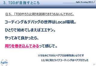 Agile Evening 2014
33
Ｑ５．「TDDやろう」と周りを説得できそうもないんですけど。
3. TDDが目指すところ
コーディング＆デバッグの世界はLocal環境。
ひとりで始めてしまえばエエヤン。
やってみて良かったら、
周りを巻き込んでみるって感じで。
※ちなみにTDDとペアプロは相性良いようです
12/8に見たライブコーディングはペアプロでした
 
