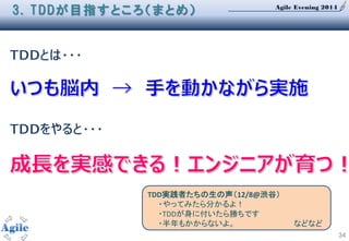 Agile Evening 2014
34
3. TDDが目指すところ（まとめ）
TDD実践者たちの生の声（12/8@渋谷）
・やってみたら分かるよ！
・TDDが身に付いたら勝ちです
・半年もかからないよ。 などなど
 