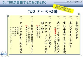 Agile Evening 2014
35
3. TDDが目指すところ（まとめ）
TDD ７つの心得
一
、
自
発
的
な
姿
勢
一
、
気
に
な
る
と
こ
ろ
か
ら
一
、
常
に
基
本
サ
イ
ク
ル
を
意
識
一
、
大
が
か
り
な
工
事
は
止
め
る
（
仮
実
装
す
る
／
徐
々
に
作
る
）
一
、
テ
ス
ト
コ
ー
ド
作
成
も
プ
ロ
グ
ラ
ミ
ン
グ
の
一
部
と
割
り
切
る
×
仕
様
の
テ
ス
ト
◎
実
装
の
テ
ス
ト
一
、
Ｔ
Ｄ
Ｄ
は
万
能
薬
で
は
な
い
×
Ｕ
Ｉ
（
画
面
描
画
系
）
◎
共
通
ビ
ジ
ネ
ス
ロ
ジ
ッ
ク
一
、
テ
ス
ト
の
基
本
に
立
ち
返
る
同
値
分
割
境
界
値
分
析
オ
ー
ル
ペ
ア
デ
シ
ジ
ョ
ン
テ
ー
ブ
ル
・
・
・
 
