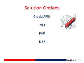 Solution Options
Oracle APEX
.NET
PHP
J2EE
 