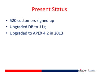 Present Status
• 520 customers signed up
• Upgraded DB to 11g
• Upgraded to APEX 4.2 in 2013
 