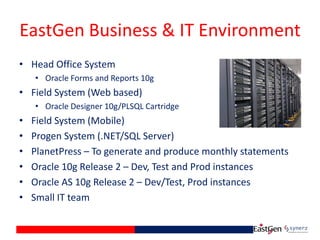 EastGen Business & IT Environment
• Head Office System
• Oracle Forms and Reports 10g
• Field System (Web based)
• Oracle Designer 10g/PLSQL Cartridge
• Field System (Mobile)
• Progen System (.NET/SQL Server)
• PlanetPress – To generate and produce monthly statements
• Oracle 10g Release 2 – Dev, Test and Prod instances
• Oracle AS 10g Release 2 – Dev/Test, Prod instances
• Small IT team
 