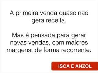 ISCA E ANZOL
A primeira venda quase não
gera receita.
!
Mas é pensada para gerar
novas vendas, com maiores
margens, de forma recorrente.
 