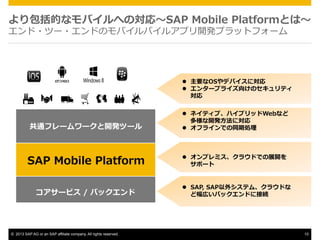 ĤʥХؤΌ?SAP ?Mobile ?PlatformȤ?
?ĩ`?ɤΥХХ륢ץ_kץåȥե`

l?? ҪOSǥХˌ
l?? 󥿩`ץ饤򤱤Υƥ


ͨե``_kĩ`

l?? ͥƥ֡ϥ֥åWebʤ
_k?ˌ
l?? ե饤ǤͬڄI

SAP ?Mobile ?Platform

l?? ץߥ饦ɤǤչ_
ݩ`

`ӥ ?/ ?Хå

?? 2013 SAP AG or an SAP affiliate company. All rights reserved.

l?? SAP, ?SAP⥷ƥࡢ饦ɤ
ɷڤХåɤ˽ӾA

10

 