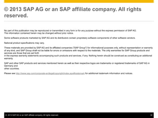 ? 2013 SAP AG or an SAP affiliate company. All rights
reserved.
No part of this publication may be reproduced or transmitted in any form or for any purpose without the express permission of SAP AG.
The information contained herein may be changed without prior notice.
Some software products marketed by SAP AG and its distributors contain proprietary software components of other software vendors.
National product specifications may vary.
These materials are provided by SAP AG and its affiliated companies ("SAP Group") for informational purposes only, without representation or warranty
of any kind, and SAP Group shall not be liable for errors or omissions with respect to the materials. The only warranties for SAP Group products and
services are those that are set forth
in the express warranty statements accompanying such products and services, if any. Nothing herein should be construed as constituting an additional
warranty.
SAP and other SAP products and services mentioned herein as well as their respective logos are trademarks or registered trademarks of SAP AG in
Germany and
other countries.
Please see http://www.sap.com/corporate-en/legal/copyright/index.epx#trademark for additional trademark information and notices.

?? 2013 SAP AG or an SAP affiliate company. All rights reserved.

30

 