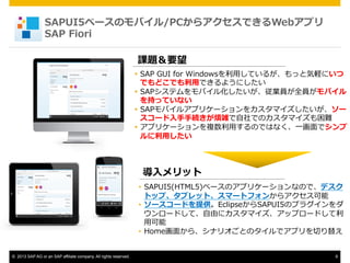 SAPUI5٩`ΥХ/PC饢ǤWebץ
SAP ?Fiori ?
n}Ҫ
??? SAP ?GUI ?for ?Windows?äƤ뤬äȚXˤ
ǤɤǤ?äǤ褦ˤ
??? SAPƥХ뻯ITȫTХ
֤äƤʤ
??? SAPХ륢ץꥱ`򥫥ޥ`
`???־Aj?ǤΥޥy
??? ץꥱ`}?äΤǤϤʤ?һ?ǥ
?ä

?å
?? SAPUI5(HTML5)٩`Υץꥱ`ʤΤǡǥ
ȥåס֥åȡީ`ȥե󤫤饢
?? ``ɤṩEclipseSAPUI5Υץ饰
`ɤơ?ɤ˥ޥåץ`ɤ
?ÿ
?? Home?椫顢ʥꥪȤΥǥץФ椨
?? 2013 SAP AG or an SAP affiliate company. All rights reserved.

9

 