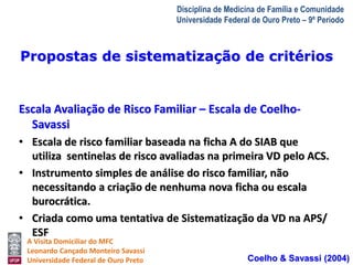 Propostas de sistematização de critérios 
A Visita Domiciliar do MFC 
Leonardo Cançado Monteiro Savassi 
Universidade Federal de Ouro Preto 
Disciplina de Medicina de Família e Comunidade 
Universidade Federal de Ouro Preto – 9º Período 
Escala Avaliação de Risco Familiar – Escala de Coelho- 
Savassi 
• Escala de risco familiar baseada na ficha A do SIAB que 
utiliza sentinelas de risco avaliadas na primeira VD pelo ACS. 
• Instrumento simples de análise do risco familiar, não 
necessitando a criação de nenhuma nova ficha ou escala 
burocrática. 
• Criada como uma tentativa de Sistematização da VD na APS/ 
ESF 
Coelho & Savassi (2004) 
 