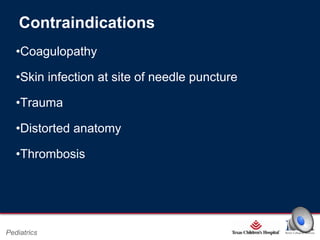 Contraindications
•Coagulopathy
•Skin infection at site of needle puncture
•Trauma
•Distorted anatomy
•Thrombosis

Page 5

Pediatrics

xxx00.#####.ppt 2/26/2014 6:39:21 PM

 