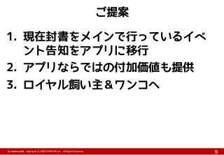 【Confidential】Copyright (C) CREATIVEHOPE,Inc. All Rights Reserved.
9
ご提案
1. 現在封書をメインで行っているイベ
ント告知をアプリに移行
2. アプリならではの付加価値も提供
3. ロイヤル飼い主＆ワンコへ
 
