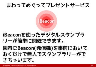 【Confidential】Copyright (C) CREATIVEHOPE,Inc. All Rights Reserved.
14
まわってめぐってプレゼントサービス
iBeaconを使ったデジタルスタンプラ
リーが簡単に開催できます。
園内にBeacon(発信機)を事前において
おくだけで無人でスタンプラリーがで
きちゃいます。
iBeacon
 