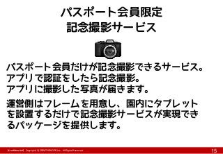 【Confidential】Copyright (C) CREATIVEHOPE,Inc. All Rights Reserved.
15
パスポート会員限定
記念撮影サービス
パスポート会員だけが記念撮影できるサービス。
アプリで認証をしたら記念撮影。
アプリに撮影した写真が届きます。
運営側はフレームを用意し、園内にタブレット
を設置するだけで記念撮影サービスが実現でき
るパッケージを提供します。
 