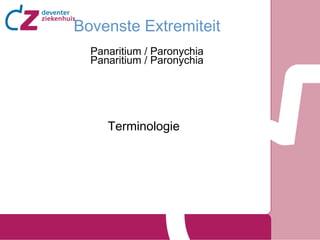 Bovenste Extremiteit
Panaritium / Paronychia
Panaritium / Paronychia

Terminologie

 