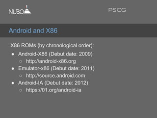 X86 ROMs (by chronological order):
● Android-X86 (Debut date: 2009)
○ http://android-x86.org
● Emulator-x86 (Debut date: 2011)
○ http://source.android.com
● Android-IA (Debut date: 2012)
○ https://01.org/android-ia
Android and X86
PSCG
 