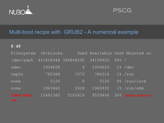 $ df
Filesystem 1K-blocks Used Available Use% Mounted on
/dev/sda5 451656948 394848292 34199920 93% /
udev 1954628 4 1954624 1% /dev
tmpfs 785388 1072 784316 1% /run
none 5120 0 5120 0% /run/lock
none 1963460 2628 1960832 1% /run/shm
/dev/sda1 15481360 5165416 9529464 36% /media/Android-
x86
Multi-boot recipe with GRUB2 - A numerical example
PSCG
 
