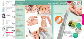 18935

22,00
14,90

Oriﬂame Beauty Nail Polish Remover
Zmywacz do paznokci
Oriﬂame Beauty
75 ml
198,67/l

18939

22,00
14,90

Oriﬂame Beauty Nail Tip Guides
Paski do manicure
Oriﬂame Beauty
40 pasków.

14693

10,00
5,90

Oriﬂame Beauty
Crystal Base & Top Coat
Emalia 2 w 1 Oriﬂame Beauty
7 ml
2128,57/l

18927

22,00
14,90

Oriﬂame Nail Boost
Advanced Growth Reviver
Preparat stymulujący wzrost
paznokci Oriﬂame Nail Boost
Advanced
7 ml
2128,57/l

23447

23,00
14,90

EDYCJA LIMITOWANA
Sparkling 3 in 1 Nail File
Pilnik do paznokci
Sparkling 3 w 1
Wymiary: 17,3 x 1,8 x 0,9 cm.

26940
62

13,00
8,90

SEKRET ZADBANYCH PAZNOKCI,
DŁONI I STÓP!

AKADEMIA

PIĘKNYCH PAZNOKCI

Zacznij
od paznokci
Zastosuj wzmacniający
balsam do paznokci
Nail Butter bezpośrednio
na paznokcie i skórki, by je
odżywić i nadać im zdrowy
połysk.
WSKAZÓWKA:
dla uzyskania najlepszych
efektów, przed zabiegiem
zmyj lakier do paznokci.

1

!

Nie zapominaj o stopach!

Powtórz czynność na
paznokciach obu stóp.

Dzięki wyproﬁlowanej końcówce
ten wysuwany sztyft doskonale
rozprowadza się na paznokciach!

Odżywiaj
i nawilżaj
Rozprowadź na dłoniach
swój ulubiony krem do rąk
i delikatnie wmasuj go
w skórę.

KLUCZOWE
SKŁADNIKI
BALSAMU
NAIL BUTTER

2

WSKAZÓWKA:
wypróbuj nasz NOWY
krem z walentynkowej edycji
p.s. I Love You! Znajdziesz
go na str. 9.

Olej z Awokado:
Odżywia paznokcie
i zapobiega utracie
nawilżenia.

Zadbaj
o efekty!

Powtarzaj czynność
każdego dnia przed snem.
By zwiększyć skuteczność
zabiegów, załóż bawełniane
rękawiczki do nawilżania
i pozostaw je na dłoniach
aż do rana.

3

Oriﬂame Nail Butter Advanced
Condition Reviver
Wzmacniający balsam do
paznokci Oriﬂame Nail Butter
Advanced
1,6 g
9312,50/kg

23446

24,00

14,90

makijaż

Oriﬂame Beauty Nail Shield
Ochronna emalia do paznokci
Oriﬂame Beauty
7 ml
2128,57/l

Masło Shea:
Wzmacnia funkcje
ochronne skóry,
posiada silne
właściwości gojące
i łagodzące
podrażnienia.

Rumianek:
Łagodzi stany zapalne
dzięki właściwościom
kojącym
i uspokajającym.
Prowitamina B5:
Nawilża, koi,
przyspiesza proces
gojenia i regeneruje
skórę.
63

 