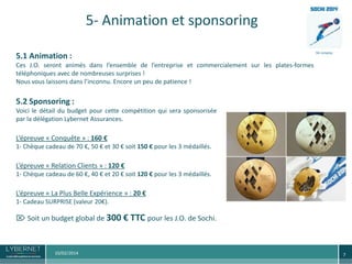 5- Animation et sponsoring
5.1 Animation :
Ces J.O. seront animés dans l’ensemble de l’entreprise et commercialement sur les plates-formes
téléphoniques avec de nombreuses surprises !
Nous vous laissons dans l’inconnu. Encore un peu de patience !

5.2 Sponsoring :
Voici le détail du budget pour cette compétition qui sera sponsorisée
par la délégation Lybernet Assurances.

L’épreuve « Conquête » : 160 €
1- Chèque cadeau de 70 €, 50 € et 30 € soit 150 € pour les 3 médaillés.

L’épreuve « Relation Clients » : 120 €
1- Chèque cadeau de 60 €, 40 € et 20 € soit 120 € pour les 3 médaillés.

L’épreuve « La Plus Belle Expérience » : 20 €
1- Cadeau SURPRISE (valeur 20€).

 Soit un budget global de 300 € TTC pour les J.O. de Sochi.

10/02/2014

7

 