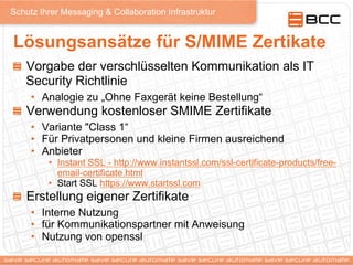 Schutz Ihrer Messaging & Collaboration Infrastruktur
Lösungsansätze für S/MIME Zertikate
!   Vorgabe der verschlüsselten Kommunikation als IT
Security Richtlinie
•  Analogie zu „Ohne Faxgerät keine Bestellung“
!   Verwendung kostenloser SMIME Zertifikate
•  Variante "Class 1“
•  Für Privatpersonen und kleine Firmen ausreichend
•  Anbieter
•  Instant SSL - http://www.instantssl.com/ssl-certificate-products/free-
email-certificate.html
•  Start SSL https://www.startssl.com
!   Erstellung eigener Zertifikate
•  Interne Nutzung
•  für Kommunikationspartner mit Anweisung
•  Nutzung von openssl
 