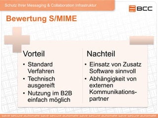 Schutz Ihrer Messaging & Collaboration Infrastruktur
Bewertung S/MIME
Vorteil
•  Standard
Verfahren
•  Technisch
ausgereift
•  Nutzung im B2B
einfach möglich
Nachteil
•  Einsatz von Zusatz
Software sinnvoll
•  Abhängigkeit von
externen
Kommunikations-
partner
 