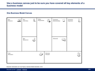 Use a business canvas just to be sure you have covered all key elements of a
business model

One Business Model Canvas

Al...