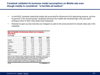 Facebook validated its business model assumptions on Mobile ads even
though mobile is considered “a horrible ad medium”

•...