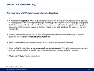 The lean startup methodology

The importance of MVP: build-measure-learn feedback loop

• A minimum viable product (MVP) h...