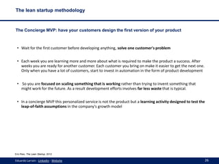 The lean startup methodology

The Concierge MVP: have your customers design the first version of your product

• Wait for ...