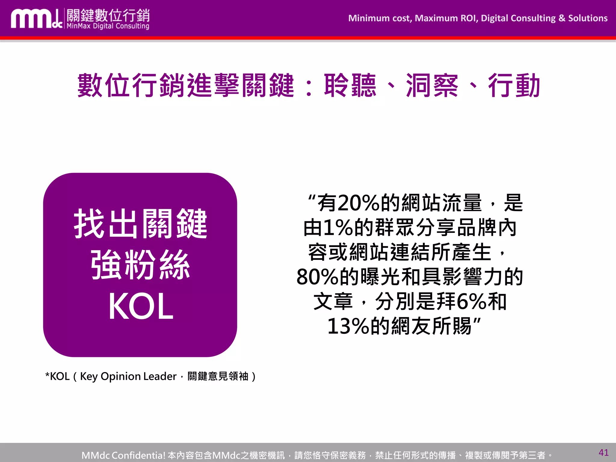 Minimum cost, Maximum ROI, Digital Consulting & Solutions
MMdc Confidentia!本內容包含MMdc之機密機訊，請您恪守保密義務，禁止任何形式的傳播、複製或傳閱予第三者。
找出關鍵
強粉絲
KOL
*KOL（Key Opinion Leader，關鍵意見領袖）
“有20%的網站流量，是
由1%的群眾分享品牌內
容或網站連結所產生，
80%的曝光和具影響力的
文章，分別是拜6%和
13%的網友所賜”
41
數位行銷進擊關鍵：聆聽、洞察、行動
 