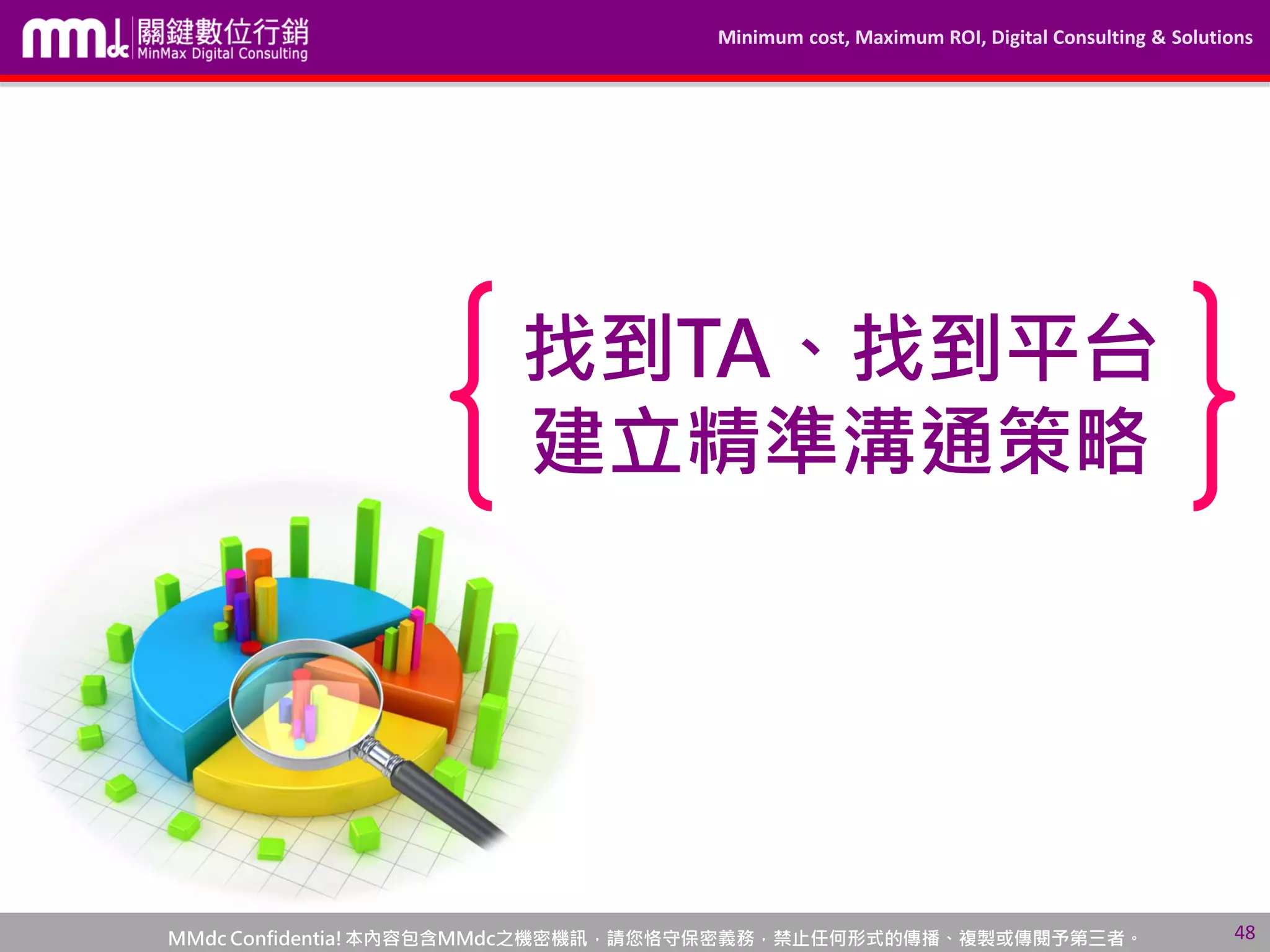 Minimum cost, Maximum ROI, Digital Consulting & Solutions
MMdc Confidentia!本內容包含MMdc之機密機訊，請您恪守保密義務，禁止任何形式的傳播、複製或傳閱予第三者。 48
找到TA、找到平台
建立精準溝通策略
 