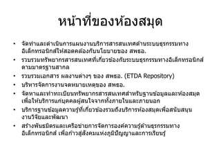 หน้าที่ของห ้องสมุด
• จัดทาและดาเนินการแผนงานบริการสารสนเทศด ้านระบบธุรกรรมทาง
อิเล็กทรอนิกส์ให ้สอดคล ้องกับนโยบายของ สพธอ.
• รวบรวมทรัพยากรสารสนเทศที่เกี่ยวข ้องกับระบบธุรกรรมทางอิเล็กทรอนิกส์
ตามมาตรฐานสากล
• รวบรวมเอกสาร ผลงานต่างๆ ของ สพธอ. (ETDA Repository)
• บริหารจัดการงานจดหมายเหตุของ สพธอ.
• จัดหาและทาทะเบียนทรัพยากรสารสนเทศสาหรับฐานข ้อมูลและห ้องสมุด
เพื่อให ้บริการแก่บุคคลผู้สนใจจากทั้งภายในและภายนอก
• บริการฐานข ้อมูลความรู้ที่เกี่ยวข ้องรวมถึงบริการห ้องสมุดเพื่อสนับสนุน
งานวิจัยและพัฒนา
• สร ้างพันธมิตรและเครือข่ายการจัดการองค์ความรู้ด ้านธุรกรรมทาง
อิเล็กทรอนิกส์ เพื่อก ้าวสู่สังคมแห่งภูมิปัญญาและการเรียนรู้
 