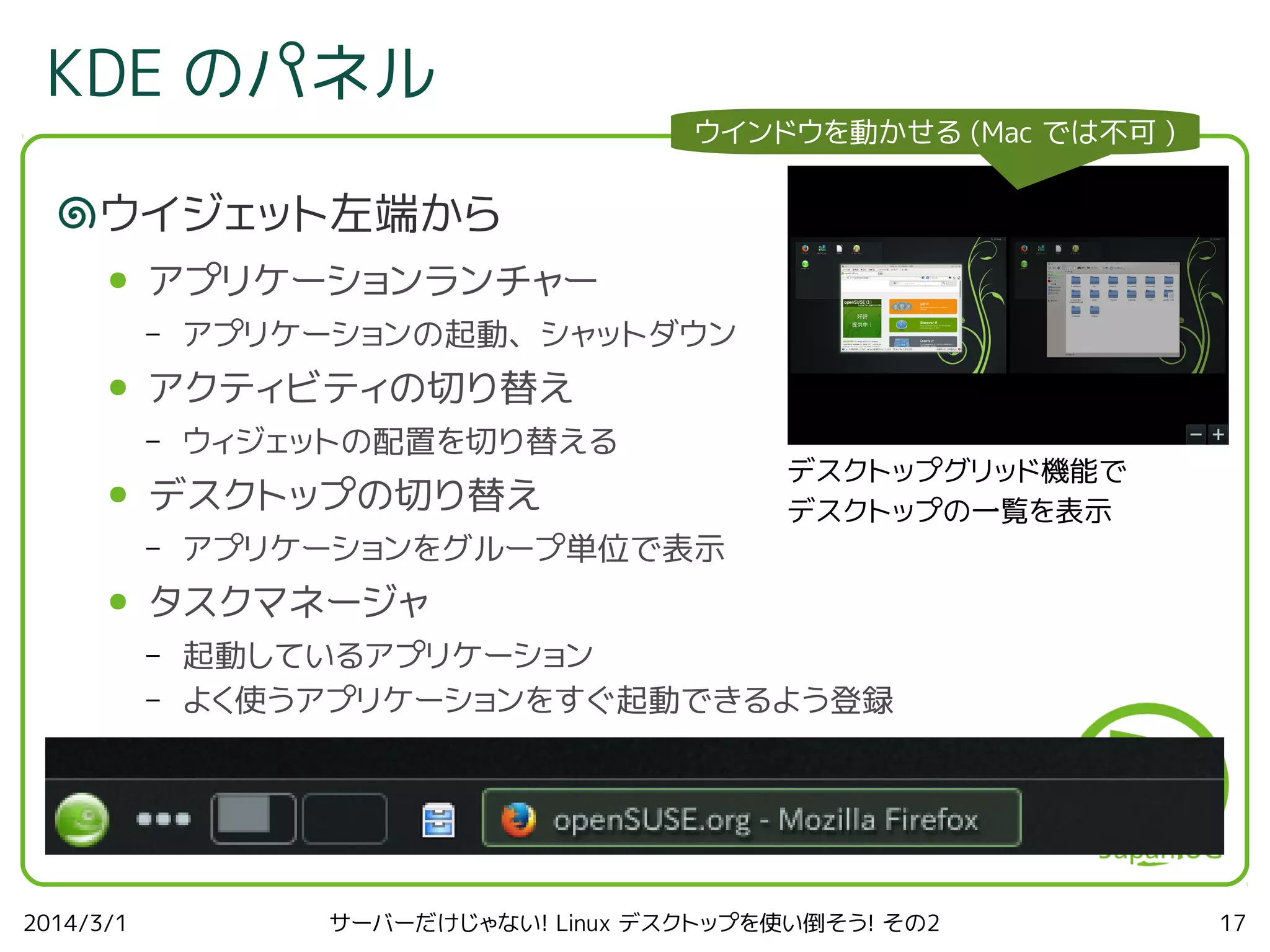 KDE のパネル

ウインドウを動かせる (Mac では不可 )

ウイジェット左端から
●

アプリケーションランチャー
–

●

アクティビティの切り替え
–

●

アプリケーションをグループ単位で表示

デスクトップグリッド機能で
デスクトップの一覧を表示

タスクマネージャ
–
–

2014/3/1

ウィジェットの配置を切り替える

デスクトップの切り替え
–

●

アプリケーションの起動、シャットダウン

起動しているアプリケーション
よく使うアプリケーションをすぐ起動できるよう登録

サーバーだけじゃない! Linux デスクトップを使い倒そう! その2

17

 