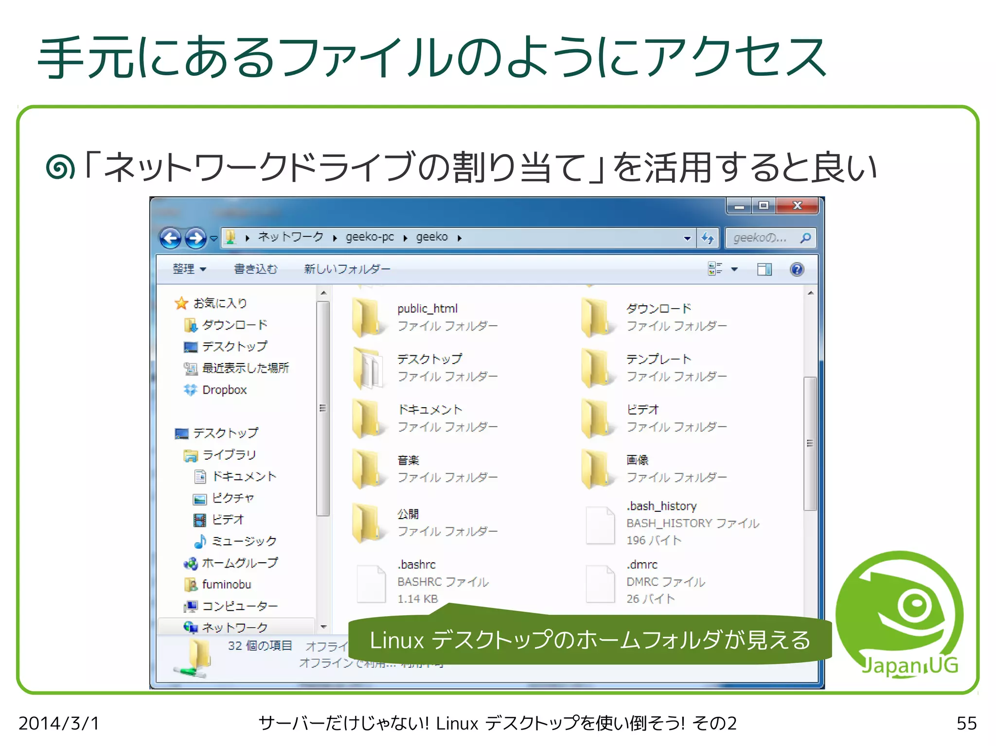 手元にあるファイルのようにアクセス
「ネットワークドライブの割り当て」を活用すると良い

Linux デスクトップのホームフォルダが見える
2014/3/1

サーバーだけじゃない! Linux デスクトップを使い倒そう! その2

55

 