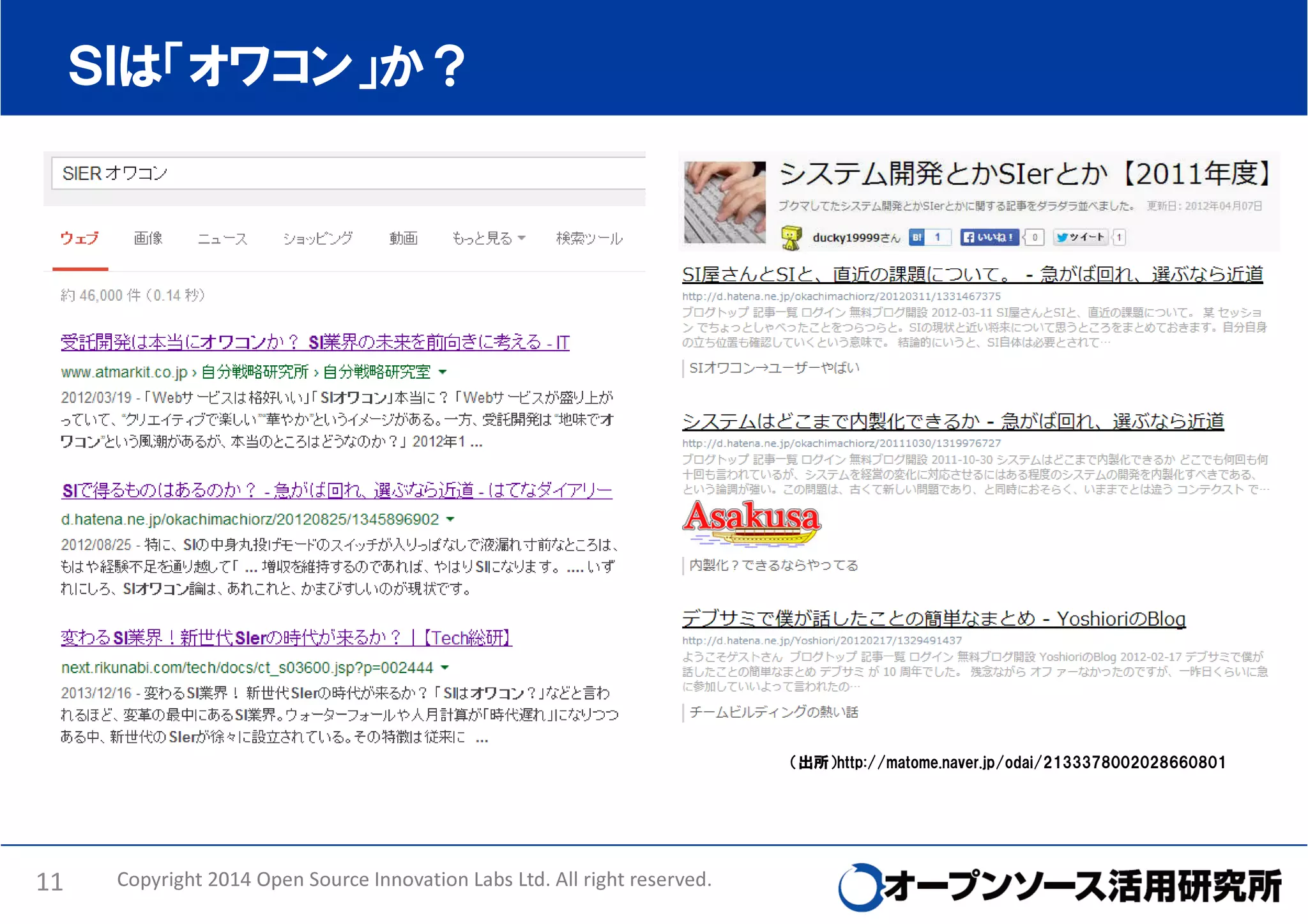 ＳＩは「オワコン」か？

（出所）http://matome.naver.jp/odai/2133378002028660801

11

Copyright 2014 Open Source Innovation Labs Ltd. All right reserved.

 