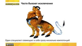 Часто бывают исключения
Один специалист совмещает в себе сразу несколько компетенций
 