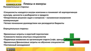 Плюсы и минусы
Положительные стороны:
•Специалисты находятся внутри компании и понимают её корпоративную
культуру, ценности и разбираются в продукте
•Оперативное решение задач и вопросов – налаженная внутренняя
коммуникация
•Четкое понимание руководством как расходуются бюджеты
Отрицательные стороны:
•Временные затраты в короткой перспективе
•Сложности поиска опытных специалистов
•Первичные вложения на организацию отдела (софт, аренда, оборудование)
•Временные/финансовые затраты на обучение специалистов
•Постоянный менеджмент
 