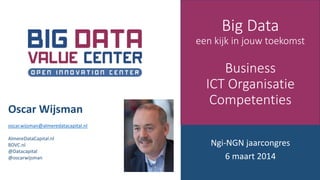 Big Data
een kijk in jouw toekomst
Business
ICT Organisatie
Competenties
Ngi-NGN jaarcongres
6 maart 2014
Oscar Wijsman
oscar.wijsman@almeredatacapital.nl
AlmereDataCapital.nl
BDVC.nl
@Datacapital
@oscarwijsman
 