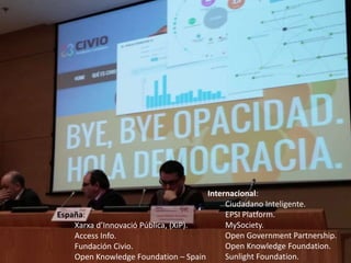 España:
Xarxa d’Innovació Pública, (XiP).
Access Info.
Fundación Civio.
Open Knowledge Foundation – Spain
Internacional:
C...