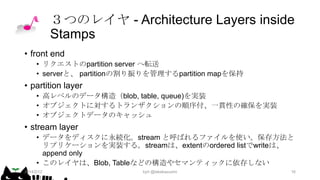 ３つのレイヤ - Architecture Layers inside
Stamps
• front end
• リクエストのpartition server へ転送
• serverと、 partitionの割り振りを管理するpartition mapを保持

• partition layer
• 高レベルのデータ構造（blob, table, queue)を実装
• オブジェクトに対するトランザクションの順序付、一貫性の確保を実装
• オブジェクトデータのキャッシュ

• stream layer
• データをディスクに永続化。stream と呼ばれるファイルを使い。保存方法と
リプリケーションを実装する。streamは、extentのordered listでwriteは、
append only
• このレイヤは、Blob, Tableなどの構造やセマンティックに依存しない
2014/2/12

kyrt @takekazuomi

16

 