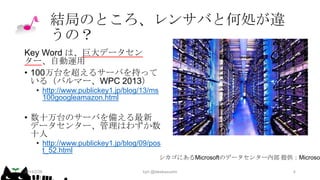 結局のところ、レンサバと何処が違
うの？
Key Word は、巨大データセン
ター、自動運用
• 100万台を超えるサーバを持って
いる（バルマー、WPC 2013）
• http://www.publickey1.jp/blog/13/ms
100googleamazon.html

• 数十万台のサーバを備える最新
データセンター、管理はわずか数
十人
• http://www.publickey1.jp/blog/09/pos
t_52.html

シカゴにあるMicrosoftのデータセンター内部 提供：Microsof
2014/2/26

kyrt @takekazuomi

4

 